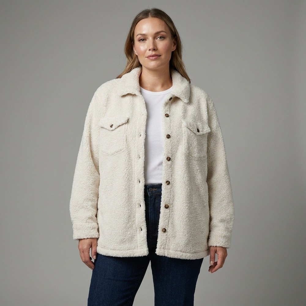 Marine Layer Womens Large Sherpa Fleece Shacket Jacket Cream Button Front 322010